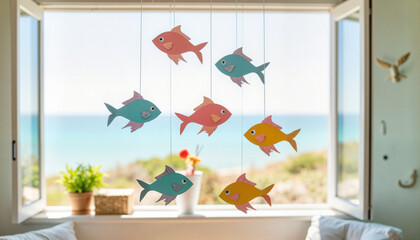 Whimsical paper fish mobiles swaying in coastal home, nautical decor