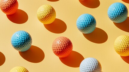 Colorful golf balls arranged on a vibrant yellow background, casting playful shadows