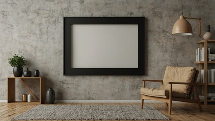  Scandinavian living room fireplace mantle interior with blank frame mock up on wall 