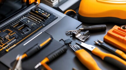 A Comprehensive Overview of Essential Tools and Equipment for Electronic Repair and Maintenance on a Workbench with Computer Components and Accessories