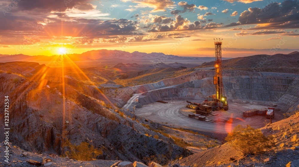 Poster heavy machinery extracts minerals in a large mining pit as the sun sets behind distant mountains, ca