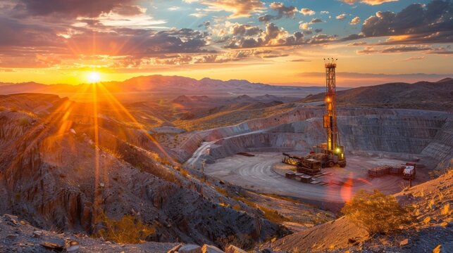 Heavy machinery extracts minerals in a large mining pit as the sun sets behind distant mountains, casting golden hues on rocky terrain and colorful clouds.