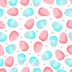 Easter cute seamless pattern with painted Easter eggs in blue and pink colors and small hearts. Vector illustration