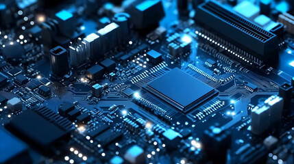 Fototapeta premium Close-up of Circuit Board, Technology, glowing components, digital background, tech illustration