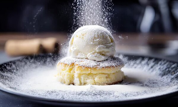A gourmet dessert presentation of Borma, served with a scoop of vanilla ice cream and a dusting of powdered sugar