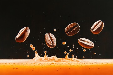 coffee beans splashing into orange liquid