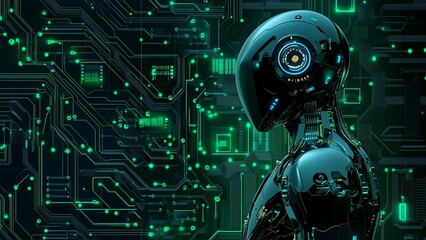 Fototapeta premium A dark green background with digital circuit patterns, with an AI robot,symbolizing an artificial intelligence technology concept