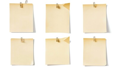 Blank Vintage Note Papers:  A set of six vintage-styled blank note papers, each secured with a metallic paper clip, ready for your messages, ideas, or reminders.