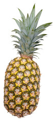 Obraz premium PNG A ripe pineapple with a spiky green crown and a textured yellow-brown exterior, showcasing its characteristic hexagonal patterns.