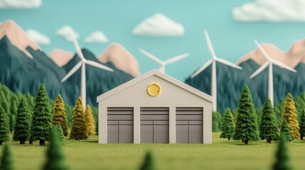 Obraz premium Predictive analytics optimizes supply chain management. Miniature landscape with a building and wind turbines amid trees and mountains.