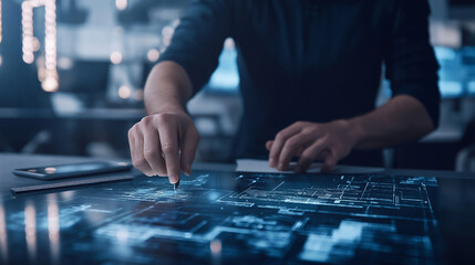 An architect in a studio examining architectural blueprints on a desk, with a ruler and digital tablet in the background.