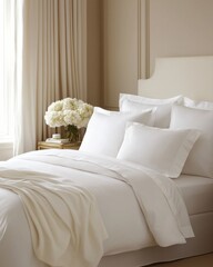A serene bedroom scene featuring a neatly made bed with white linens, fluffy pillows, and elegant curtains, complemented by a bouquet of flowers on a bedside table.
