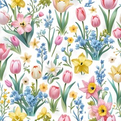 Obraz premium Seamless floral pattern with spring flowers Generative AI