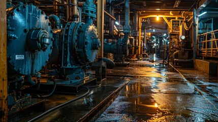 Dimly lit industrial space features large machines, pipes, and puddles reflecting warm light, creating a dramatic atmosphere in a functional environment during evening hours.