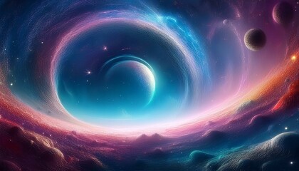 time travel wormhole concept in space with planets with atmosphere and universe; astronomy, fantastic scene, composite image
