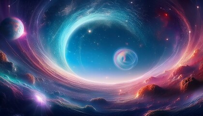 time travel wormhole concept in space with planets with atmosphere and universe; astronomy, fantastic scene, composite image