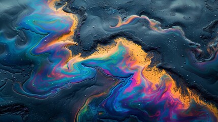 Fototapeta premium Vibrant swirls of color transition through hues of blue, orange, and purple as they shimmer on a dark surface, reflecting light and showcasing organic forms.