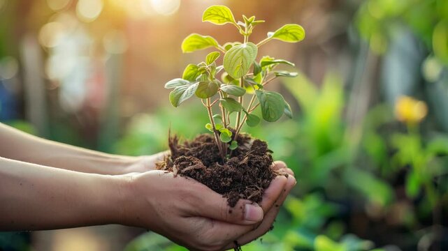 Person holding a small plant with soil. 4k video footage

