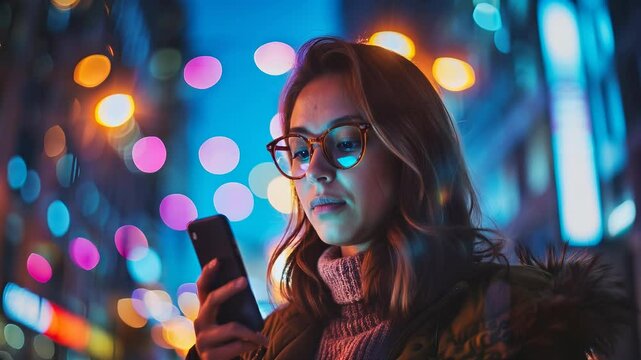 Woman looking up at colorful city lights at night. 4k video footage
