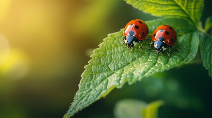 Fototapeta premium Two vibrant ladybugs leisurely resting on a lush green leaf in a tranquil natural environment.