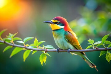 Fototapeta premium Vibrant Trio Yellow and Red Birds Perched on a Delicate Branch Amidst Lush Green Foliage – Close-Up Nature Photography.