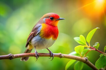 Vibrant Trio Yellow and Red Birds Perched on a Delicate Branch Amidst Lush Green Foliage &ndash; Close-Up Nature Photography.