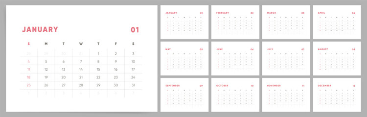 Calendar 2026 Sunday Start, Pink Sleek Style Organizer Template of 2026 Office Calendar 