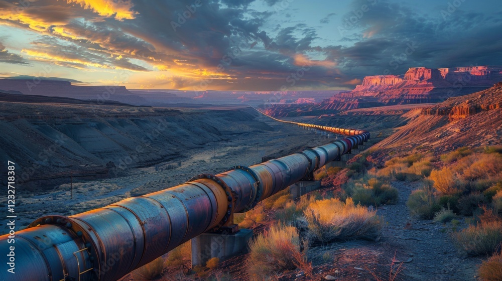 Poster a long metallic pipeline traverses through a vast canyon landscape, framed by colorful rock formatio