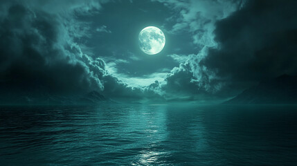 Fototapeta premium Moonlight reflecting on calm water with dramatic clouds at night