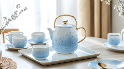 Fototapeta premium Elegant blue teapot and teacups on tray.