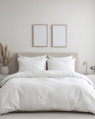 A minimalist bedroom featuring a white bedding set, decorative pillows, and empty frames on the wall, creating a serene and stylish atmosphere.