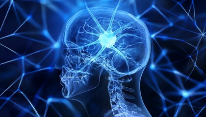 과적된 정보의 신경망 폭주, 두개골 안에서 푸른색 신경세포들이 과열된 CPU처럼 깜빡이며 과도하게 연결되는 모습