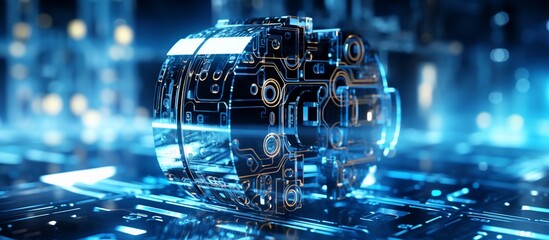 Futuristic robotic core with circuit patterns illuminated in a high-tech environment