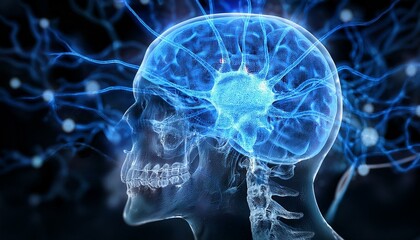 과적된 정보의 신경망 폭주, 두개골 안에서 푸른색 신경세포들이 과열된 CPU처럼 깜빡이며 과도하게 연결되는 모습