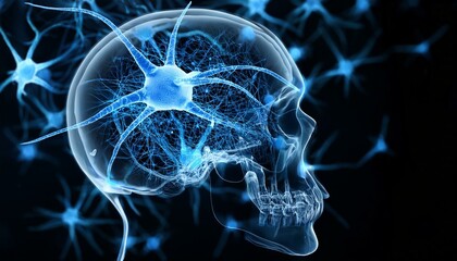 과적된 정보의 신경망 폭주, 두개골 안에서 푸른색 신경세포들이 과열된 CPU처럼 깜빡이며 과도하게 연결되는 모습