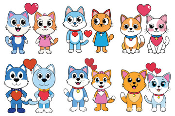 cat and dog vector art with matching heart accessories