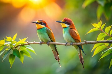 Obraz premium Vibrant Trio Yellow and Red Birds Perched on a Delicate Branch Amidst Lush Green Foliage – Close-Up Nature Photography.