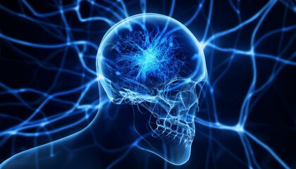 과적된 정보의 신경망 폭주, 두개골 안에서 푸른색 신경세포들이 과열된 CPU처럼 깜빡이며 과도하게 연결되는 모습