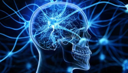 과적된 정보의 신경망 폭주, 두개골 안에서 푸른색 신경세포들이 과열된 CPU처럼 깜빡이며 과도하게 연결되는 모습