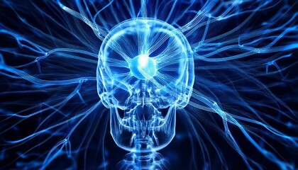 과적된 정보의 신경망 폭주, 두개골 안에서 푸른색 신경세포들이 과열된 CPU처럼 깜빡이며 과도하게 연결되는 모습