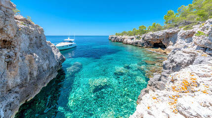 Fototapeta premium Yacht in secluded turquoise cove, clear water, sunny day, Mediterranean island backdrop; travel brochure