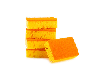 Colorful dish sponges isolated on white background. Kitchen sponge. Cleaning concept, cleaning service. Dishwashing liquid with clean and dirty dishes plate. Place for text, copy space.Wash the dishes