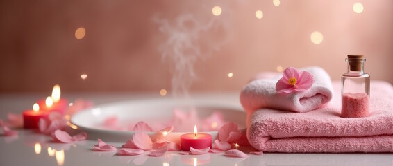 Luxury spa with candles, rolled towels, oil bottle and flowers on blurred bathtub background. Relaxation and meditation concept for Valentine's Day, holiday offer.