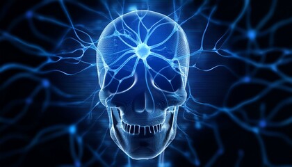과적된 정보의 신경망 폭주, 두개골 안에서 푸른색 신경세포들이 과열된 CPU처럼 깜빡이며 과도하게 연결되는 모습