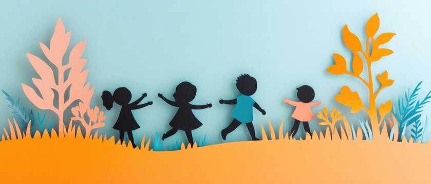 paper cut out silhouettes of children playing in a field with plants and trees