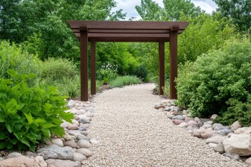 pea gravel path through a garden with a pergola
