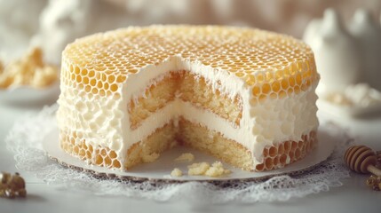Honeycomb cake with creamy frosting, a slice removed, on a lace doily.