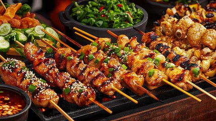 Asian dishes street food soy sauce concept. A vibrant display of grilled skewers, fresh vegetables, and dipping sauces, showcasing a mouthwatering feast that celebrates culinary delights.
