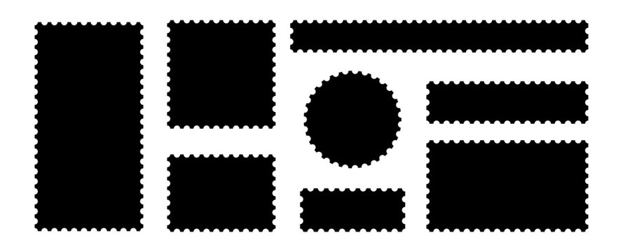 Vintage postage stamp frame with square edges and postal design. Blank rectangle and square postage stamps PNG