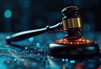 A close-up of a gavel on a sound block, rendered in a futuristic, digital style with glowing particles and a circuit board background.